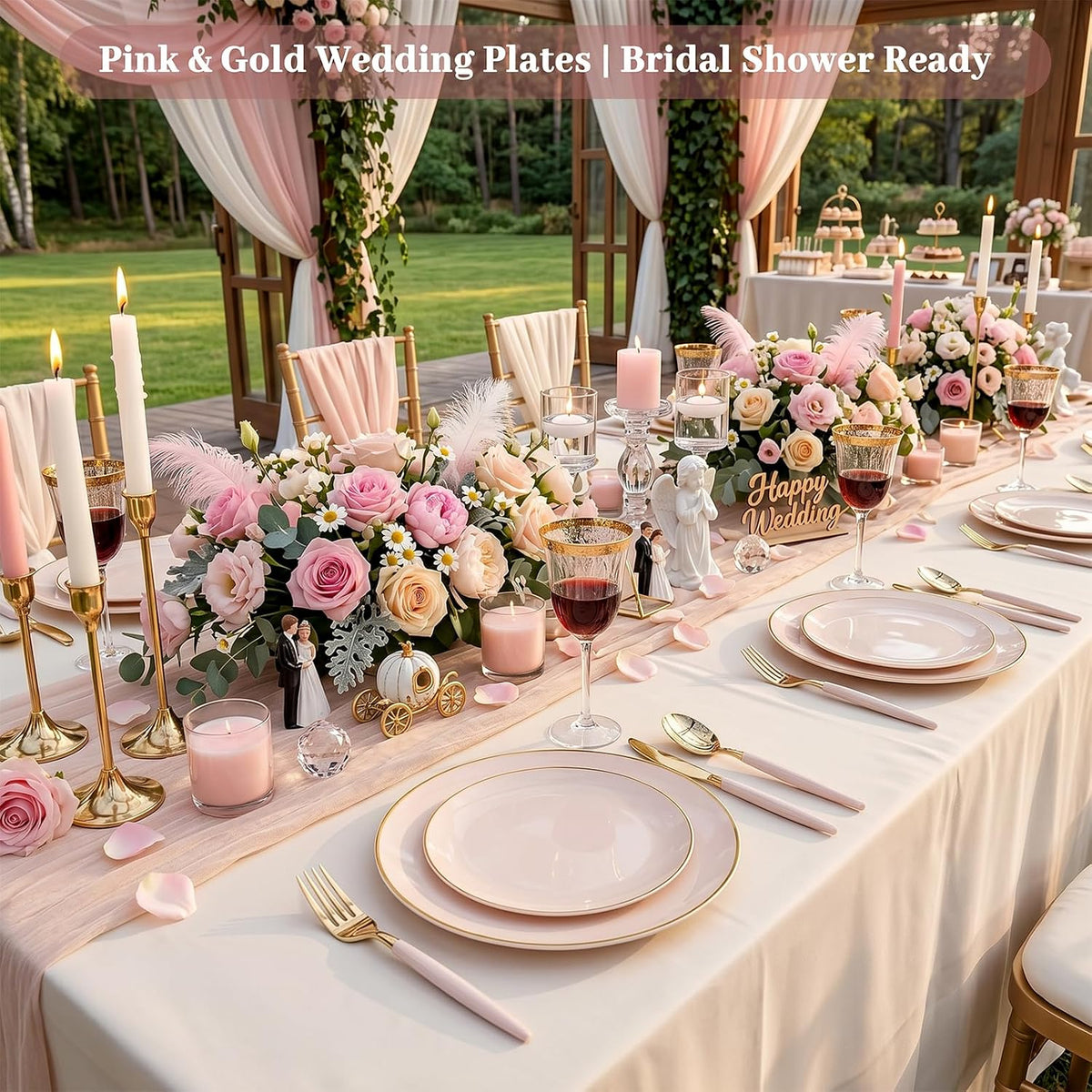 DaYammi 150Pcs Pink Plastic Plates with Gold Rim,Elegant Disposable Dinnerware with Gold Cutlery - 30 Dinner Plate,30 Dessert Plate,30 Knives,30 Forks,30 Spoons,Fancy Pink Plates for Party Wedding