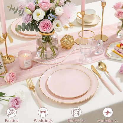 DaYammi 150Pcs Pink Plastic Plates with Gold Rim,Elegant Disposable Dinnerware with Gold Cutlery - 30 Dinner Plate,30 Dessert Plate,30 Knives,30 Forks,30 Spoons,Fancy Pink Plates for Party Wedding