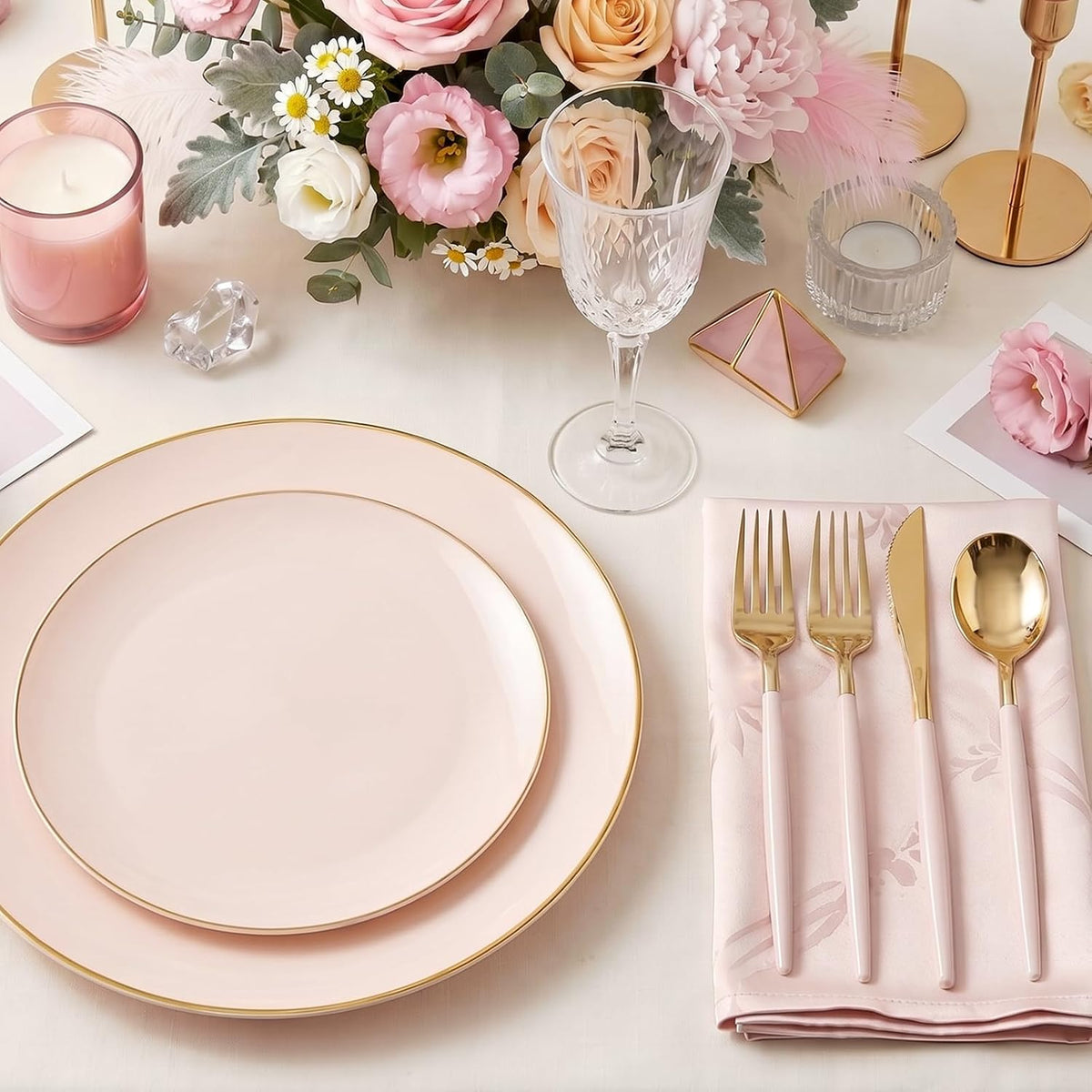 DaYammi 150Pcs Pink Plastic Plates with Gold Rim,Elegant Disposable Dinnerware with Gold Cutlery - 30 Dinner Plate,30 Dessert Plate,30 Knives,30 Forks,30 Spoons,Fancy Pink Plates for Party Wedding