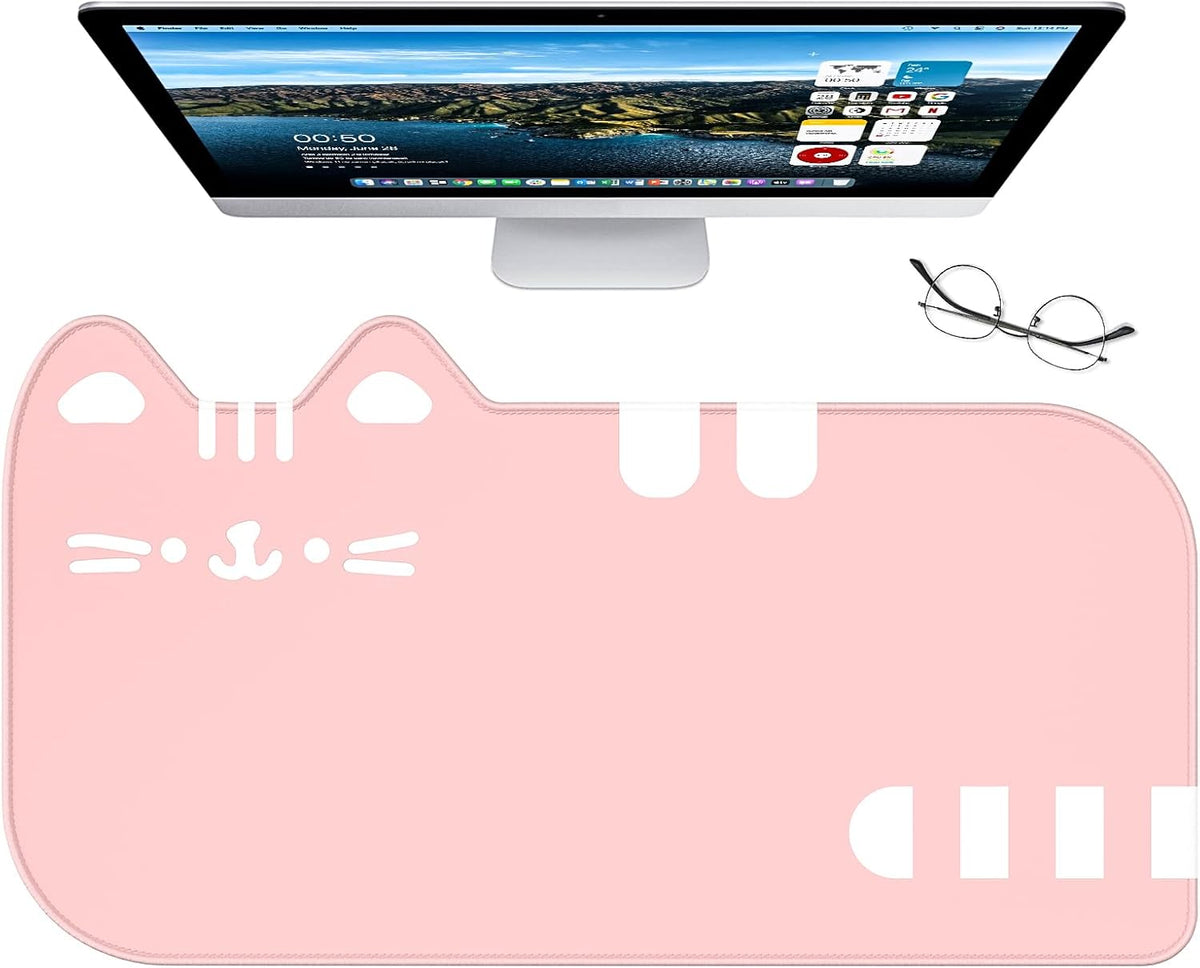 Large Gaming Mouse Pad, Extended Mouse Mat with Stitched Edges, Cute Anime Cat Keyboard Pad with Non-Slip Base, Big XXL Desk Mats for Gamer, Computer, Office Accessories, 29.5 x 15.9in, Pink