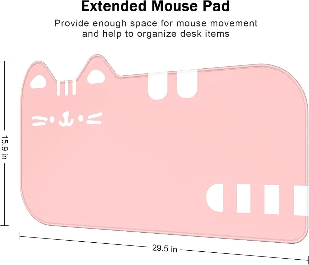 Large Gaming Mouse Pad, Extended Mouse Mat with Stitched Edges, Cute Anime Cat Keyboard Pad with Non-Slip Base, Big XXL Desk Mats for Gamer, Computer, Office Accessories, 29.5 x 15.9in, Pink