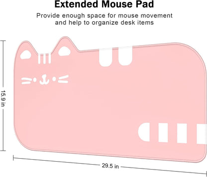 Large Gaming Mouse Pad, Extended Mouse Mat with Stitched Edges, Cute Anime Cat Keyboard Pad with Non-Slip Base, Big XXL Desk Mats for Gamer, Computer, Office Accessories, 29.5 x 15.9in, Pink