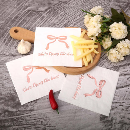 50pcs 3 Layers She's Tying The Knot Bridal Shower Party Supplies,5 x 5 In Paper Napkins, Pink Bow Bachelorette Themed Party Decorations (pink bow)