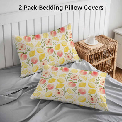 Summer Fruit Pillow Cases Standard Size Set of 2 - Microfiber Bed Throw Pillow Covers, Spring Botanical Lemon Peach Rustic Decorative Lumbar Pillow Cover with Envelope Closure for Sofa/Travel 20"x26"