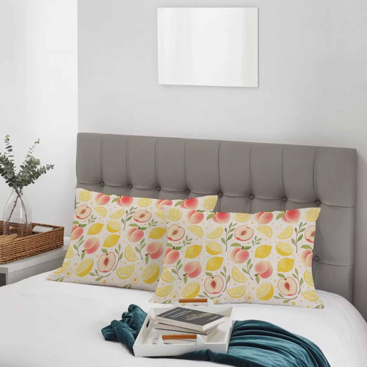 Summer Fruit Pillow Cases Standard Size Set of 2 - Microfiber Bed Throw Pillow Covers, Spring Botanical Lemon Peach Rustic Decorative Lumbar Pillow Cover with Envelope Closure for Sofa/Travel 20"x26"