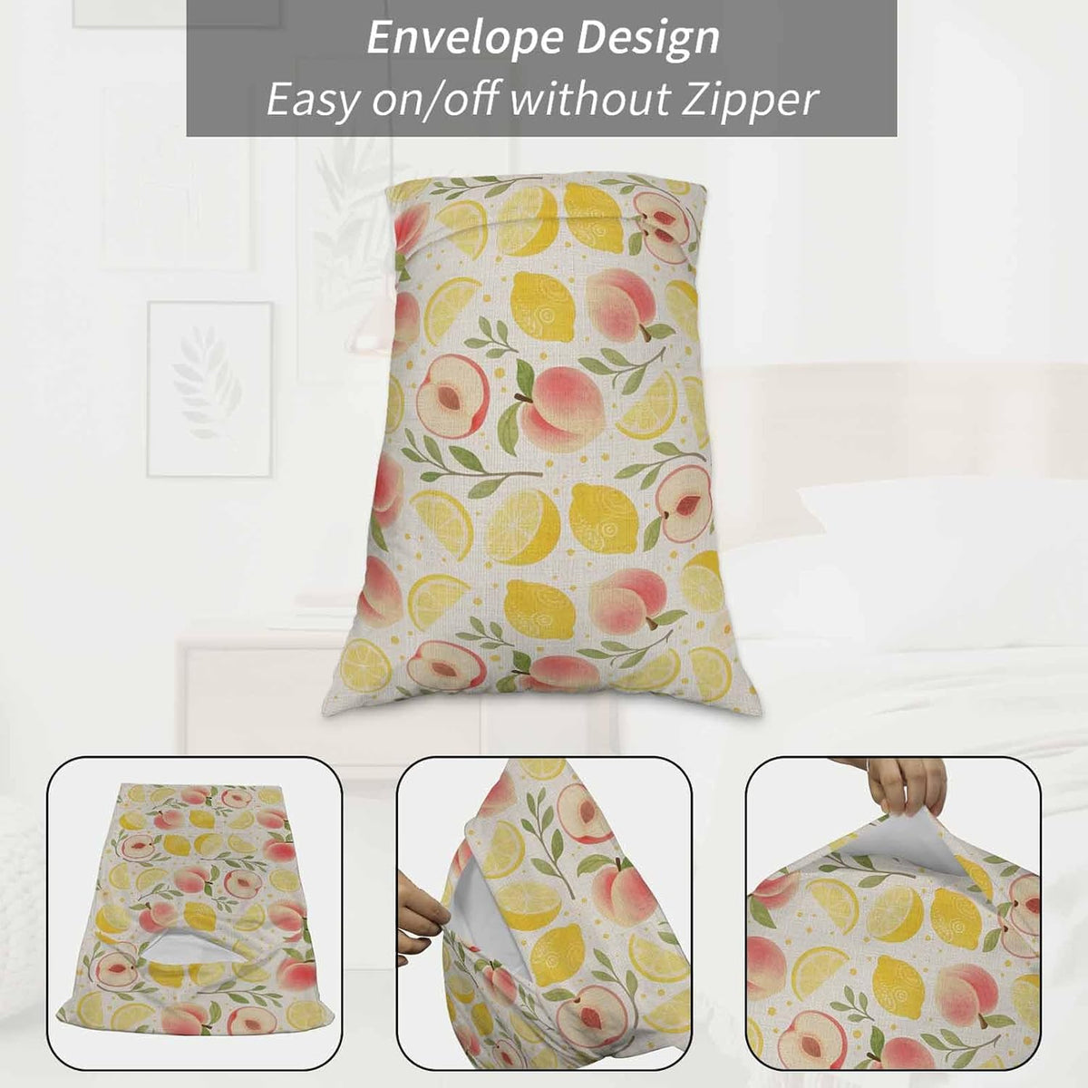 Summer Fruit Pillow Cases Standard Size Set of 2 - Microfiber Bed Throw Pillow Covers, Spring Botanical Lemon Peach Rustic Decorative Lumbar Pillow Cover with Envelope Closure for Sofa/Travel 20"x26"