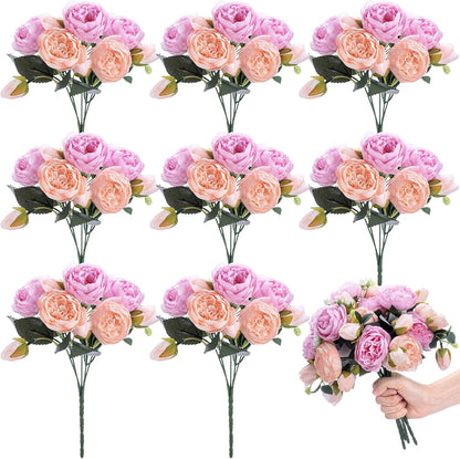 8 Pack Artificial Peony Flowers Faux Silk Hydrangea Bouquet Wedding Home Table Decor Reusable Bouquet of Rose Flower for Birthday Wedding(Peach Pink Purple)
