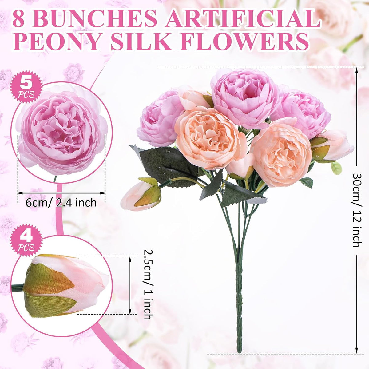 8 Pack Artificial Peony Flowers Faux Silk Hydrangea Bouquet Wedding Home Table Decor Reusable Bouquet of Rose Flower for Birthday Wedding(Peach Pink Purple)
