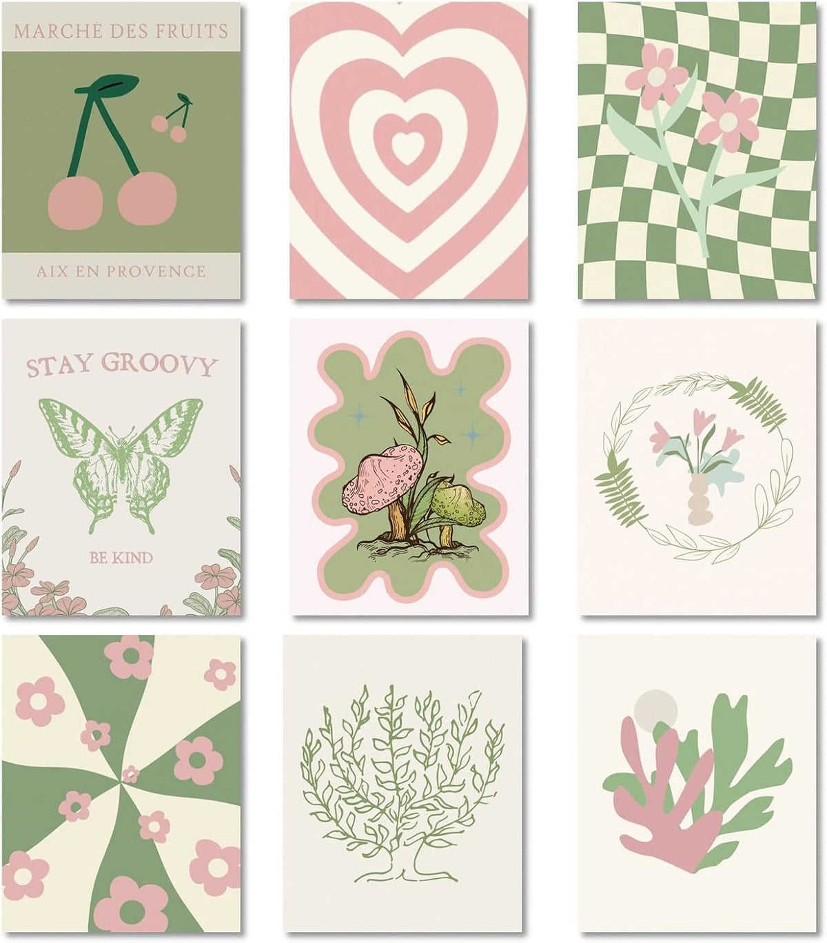 Danish Pastel Posters 8x10 9pcs Aesthetic Room Decor Green Pink