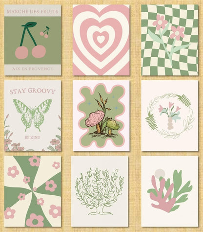 Danish Pastel Posters 8x10 9pcs Aesthetic Room Decor Green Pink