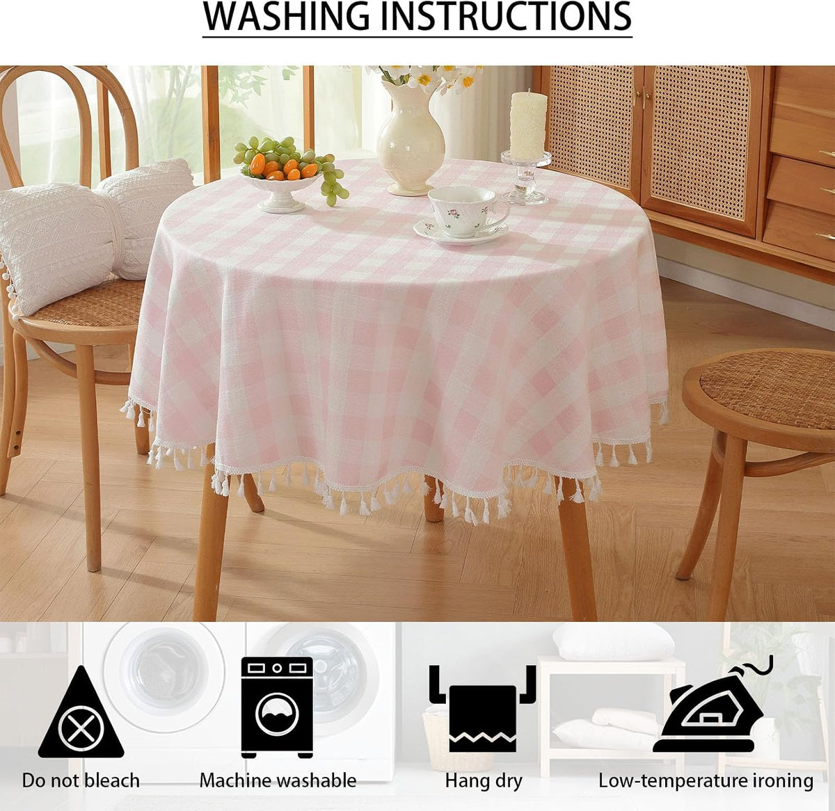 Gingham Tablecloth Rectangular Tassels Picnic Table Cover 55”x 55”