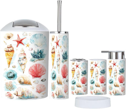 Pink Coastal Bathroom Accessories Set 6 piece Pink Coastal Preppy Beach Aesthetic Shells Seashells Variety Plastic shatterproof Vanity Organization countertop Decor for Home, Apartment, Dorm