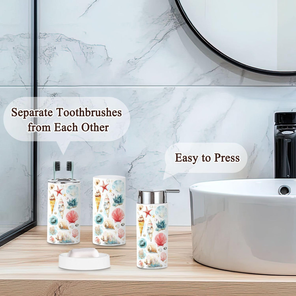 Pink Coastal Bathroom Accessories Set 6 piece Pink Coastal Preppy Beach Aesthetic Shells Seashells Variety Plastic shatterproof Vanity Organization countertop Decor for Home, Apartment, Dorm