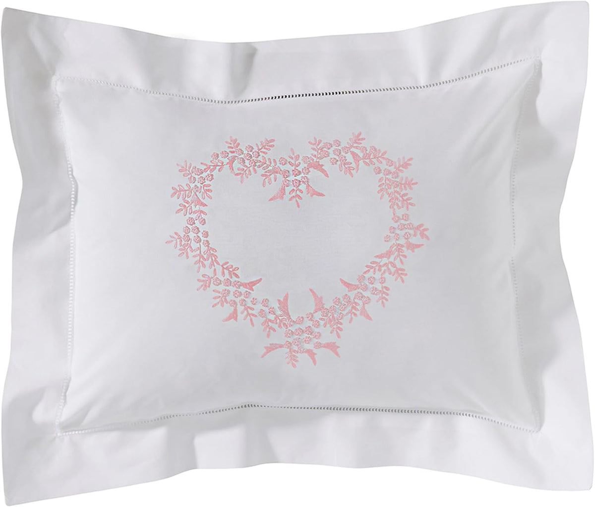 Embroidered Boudoir Pillow Cover – Handcrafted Embroidery, Fine Italian Cotton, Decorative Pillow Accent for Bedroom & Living Room (Pink Heart)