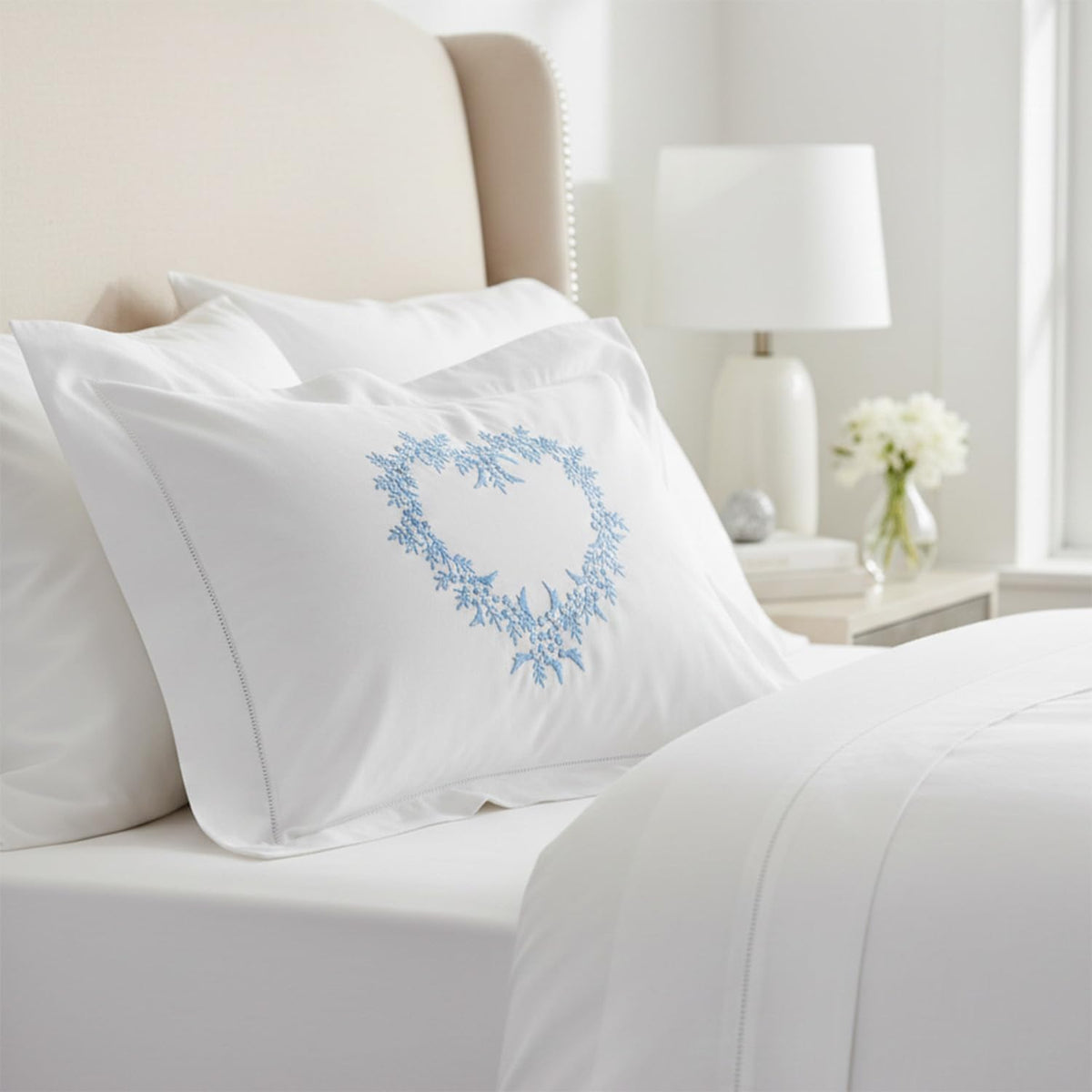Embroidered Boudoir Pillow Cover – Handcrafted Embroidery, Fine Italian Cotton, Decorative Pillow Accent for Bedroom & Living Room (Pink Heart)