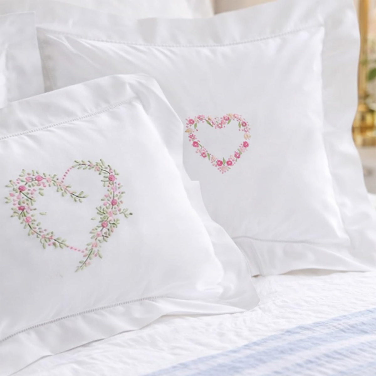 Embroidered Boudoir Pillow Cover – Handcrafted Embroidery, Fine Italian Cotton, Decorative Pillow Accent for Bedroom & Living Room (Pink Heart)