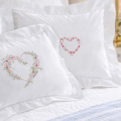 Embroidered Boudoir Pillow Cover – Handcrafted Embroidery, Fine Italian Cotton, Decorative Pillow Accent for Bedroom & Living Room (Pink Heart)