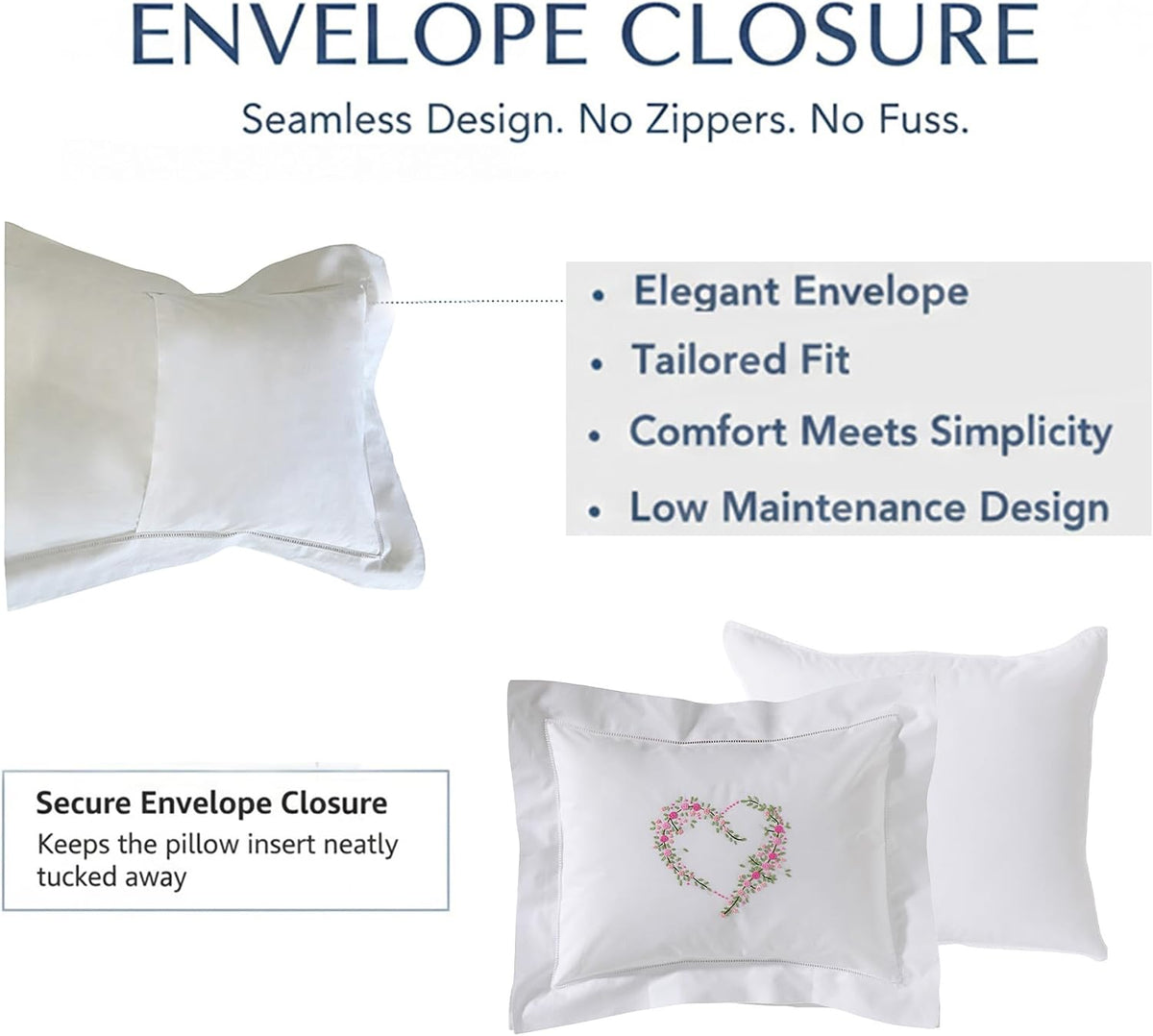Embroidered Boudoir Pillow Cover – Handcrafted Embroidery, Fine Italian Cotton, Decorative Pillow Accent for Bedroom & Living Room (Pink Heart)
