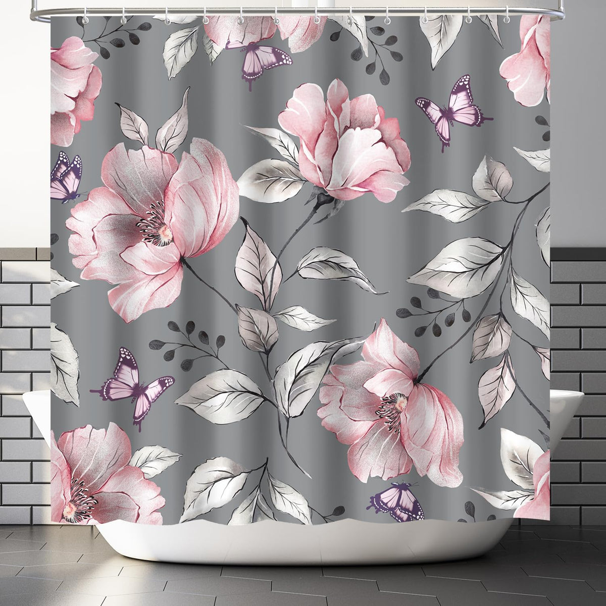 Modern Floral Shower Curtain Grey Pink Flower Fabric Shower Curtains for Bathroom Home Hotel Plants Shower Curtain with Hooks, 72 x 72 Inches