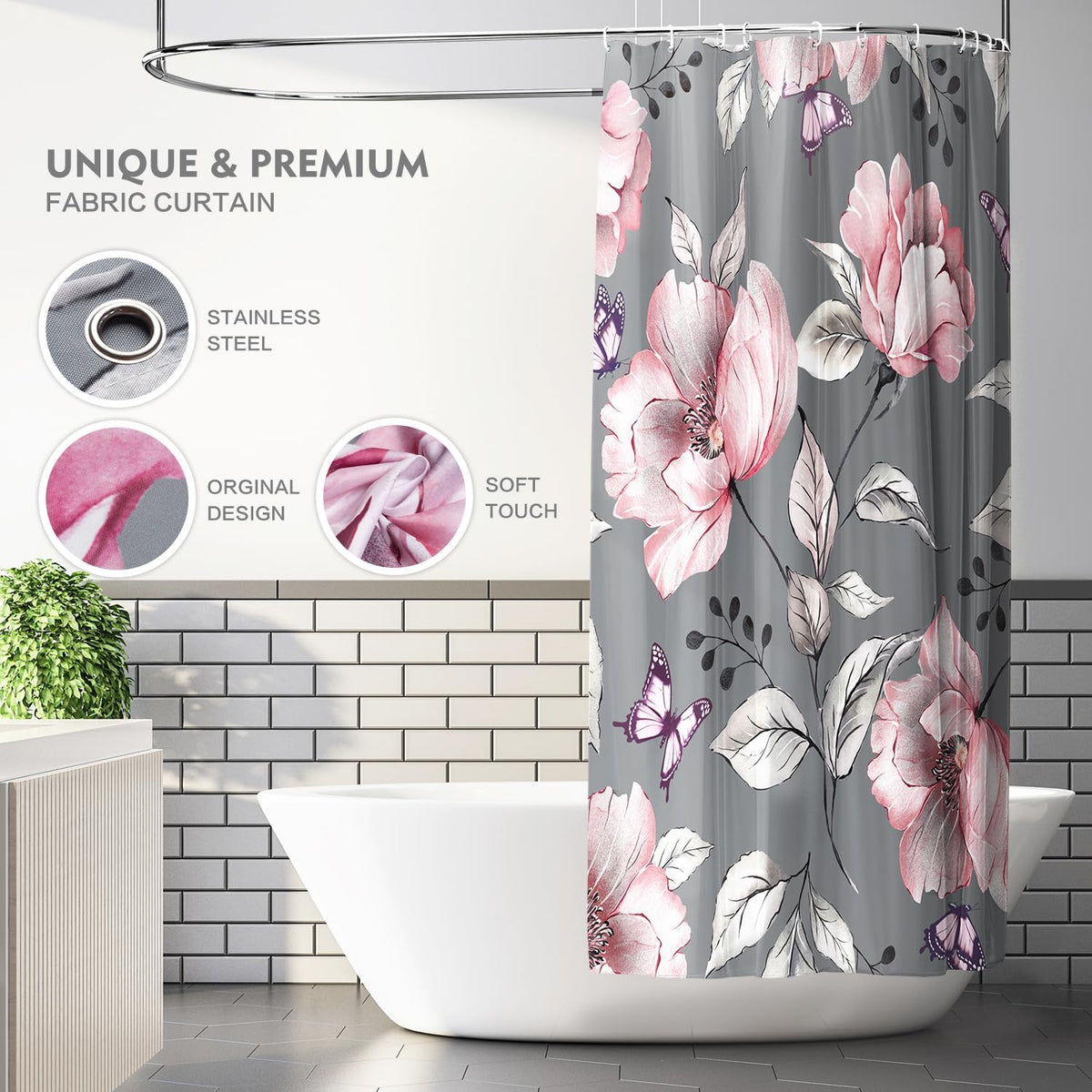 Modern Floral Shower Curtain Grey Pink Flower Fabric Shower Curtains for Bathroom Home Hotel Plants Shower Curtain with Hooks, 72 x 72 Inches