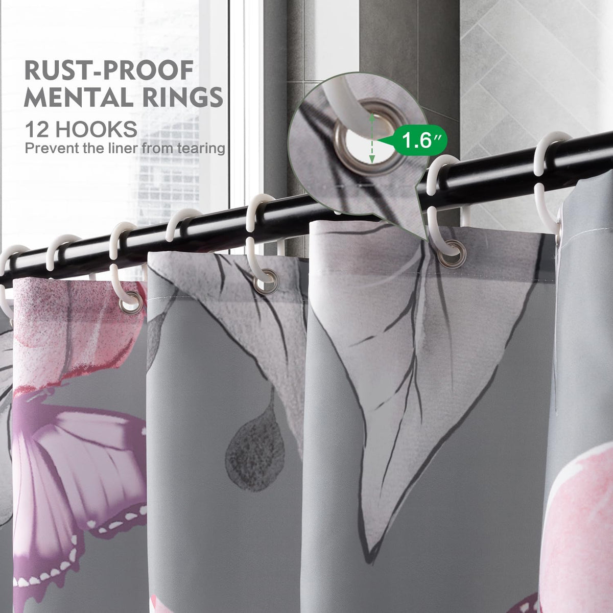 Modern Floral Shower Curtain Grey Pink Flower Fabric Shower Curtains for Bathroom Home Hotel Plants Shower Curtain with Hooks, 72 x 72 Inches