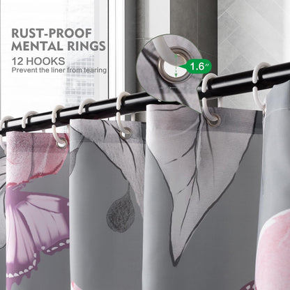 Modern Floral Shower Curtain Grey Pink Flower Fabric Shower Curtains for Bathroom Home Hotel Plants Shower Curtain with Hooks, 72 x 72 Inches