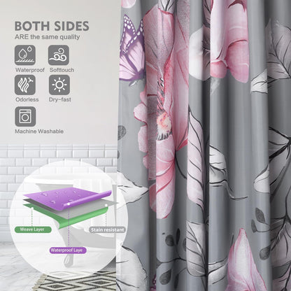 Modern Floral Shower Curtain Grey Pink Flower Fabric Shower Curtains for Bathroom Home Hotel Plants Shower Curtain with Hooks, 72 x 72 Inches