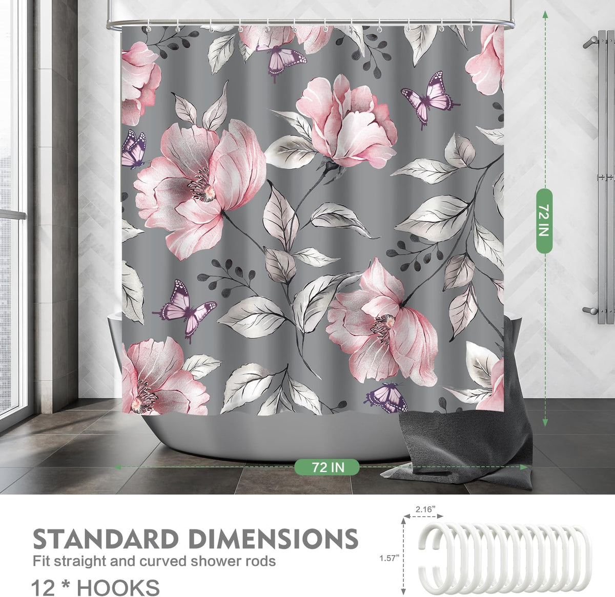 Modern Floral Shower Curtain Grey Pink Flower Fabric Shower Curtains for Bathroom Home Hotel Plants Shower Curtain with Hooks, 72 x 72 Inches