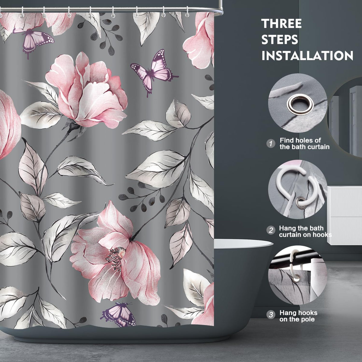 Modern Floral Shower Curtain Grey Pink Flower Fabric Shower Curtains for Bathroom Home Hotel Plants Shower Curtain with Hooks, 72 x 72 Inches