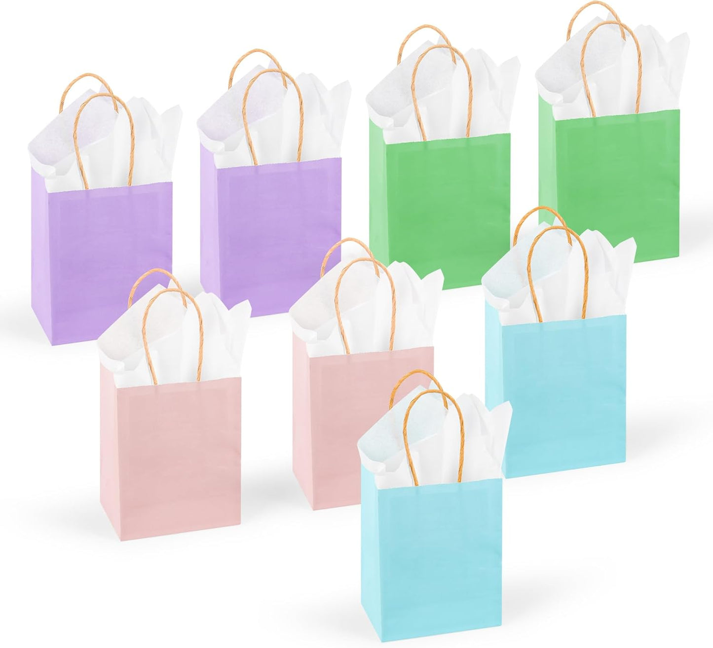 DjinnGlory 60 Pack Tiny Mini Rainbow Assorted Paper Bags with Handles 6.3x4.7x2.75 Inch for Birthday Baby Shower Easter Party Goodies, Christmas Gifts, Small Boutique (Pink, Blue, Green, Purple)