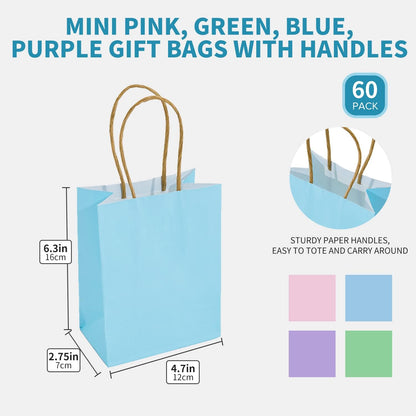 DjinnGlory 60 Pack Tiny Mini Rainbow Assorted Paper Bags with Handles 6.3x4.7x2.75 Inch for Birthday Baby Shower Easter Party Goodies, Christmas Gifts, Small Boutique (Pink, Blue, Green, Purple)