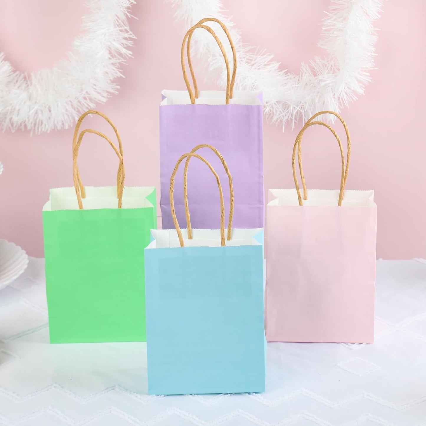 DjinnGlory 60 Pack Tiny Mini Rainbow Assorted Paper Bags with Handles 6.3x4.7x2.75 Inch for Birthday Baby Shower Easter Party Goodies, Christmas Gifts, Small Boutique (Pink, Blue, Green, Purple)
