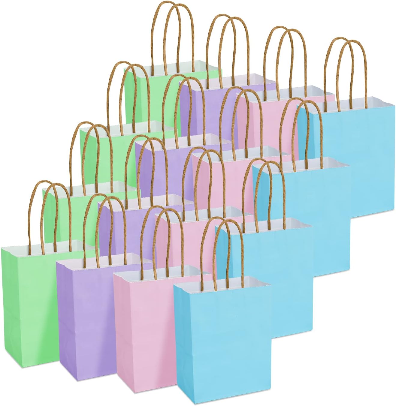 DjinnGlory 60 Pack Tiny Mini Rainbow Assorted Paper Bags with Handles 6.3x4.7x2.75 Inch for Birthday Baby Shower Easter Party Goodies, Christmas Gifts, Small Boutique (Pink, Blue, Green, Purple)