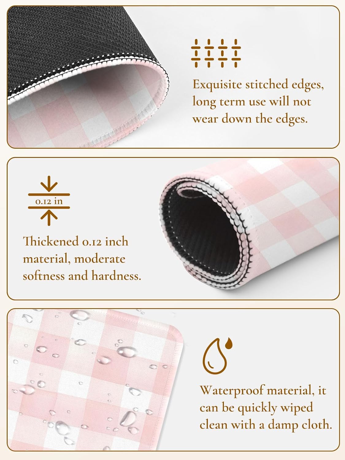 Cute Pink Mouse Pad,Retro Checkered Pattern Mousepad,Square Aesthetic Plaid Waterproof Grid Mouse Mat Design, Non-Slip Rubber Base Computer Funny Boho Mouse Pads, Desk Accessories,Light Pink