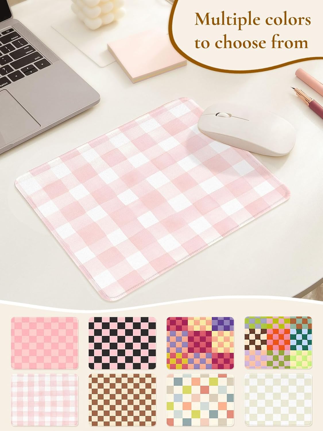 Cute Pink Mouse Pad,Retro Checkered Pattern Mousepad,Square Aesthetic Plaid Waterproof Grid Mouse Mat Design, Non-Slip Rubber Base Computer Funny Boho Mouse Pads, Desk Accessories,Light Pink