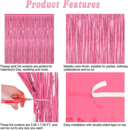2 Pack Pink Party Decorations, 3.28 FT x 7.05 FT Pink Backdrop, Metallic Tinsel Backdrop Fringe Curtains Backdrop Curtains, Photo Backdrop Party Supplies Birthday Party Decorationsay Party Decorations