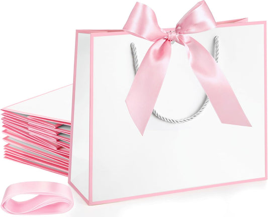 12 Pcs Gift Bags with Handles 12x10x4'' Wedding Gift Bags with Bow Ribbon for Bridesmaid Baby Shower Women Groomsmen Welcome Thank You Birthday Housewarming Hawaiian Party (White,Pink)