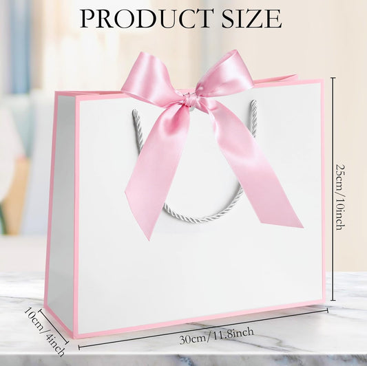 12 Pcs Gift Bags with Handles 12x10x4'' Wedding Gift Bags with Bow Ribbon for Bridesmaid Baby Shower Women Groomsmen Welcome Thank You Birthday Housewarming Hawaiian Party (White,Pink)