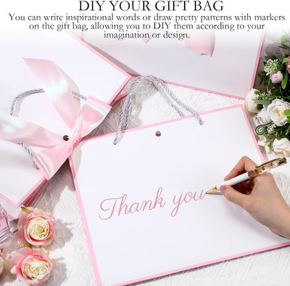 12 Pcs Gift Bags with Handles 12x10x4'' Wedding Gift Bags with Bow Ribbon for Bridesmaid Baby Shower Women Groomsmen Welcome Thank You Birthday Housewarming Hawaiian Party (White,Pink)