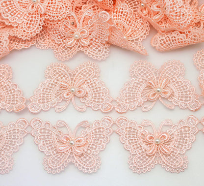 3" Butterfly Lace Edge Trim Pearl Wedding Applique DIY Sewing in peach pink 3 Yards