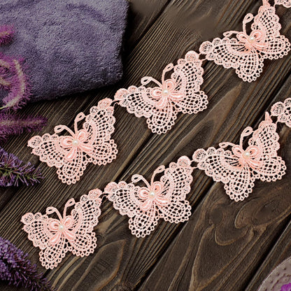 3" Butterfly Lace Edge Trim Pearl Wedding Applique DIY Sewing in peach pink 3 Yards