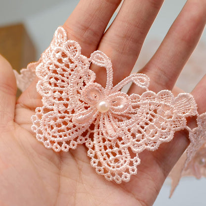 3" Butterfly Lace Edge Trim Pearl Wedding Applique DIY Sewing in peach pink 3 Yards