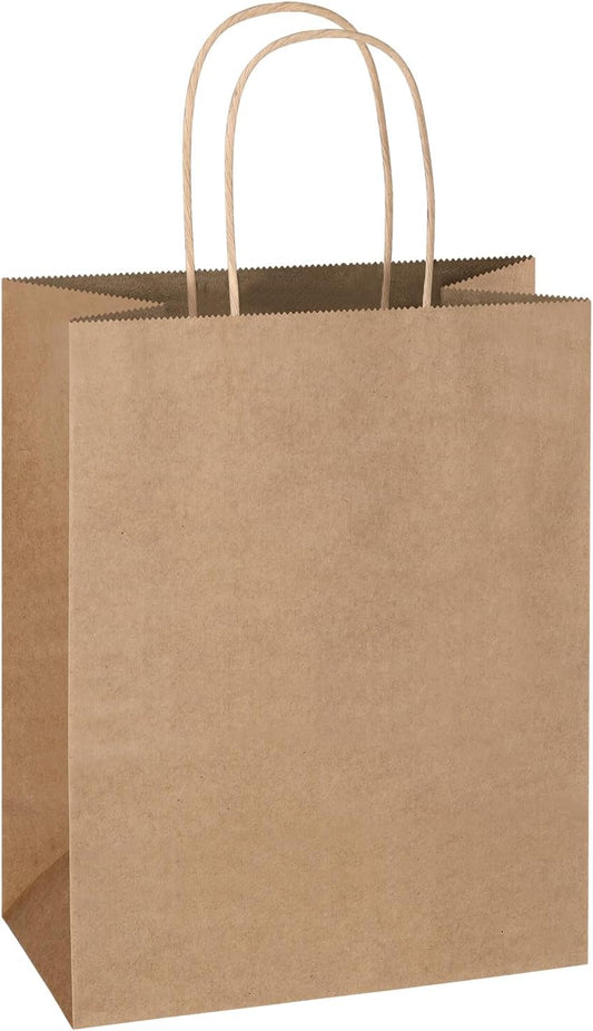 Mlyta 200 Pack 8x4.75x10 Inch Plain Medium Brown Kraft Paper Gift Bags with Handles Bulk for Goodie, Party Favor Brithday Grocery Shopping, Business Wedding Retail Craft Treat To Go, Merchandise Sacks