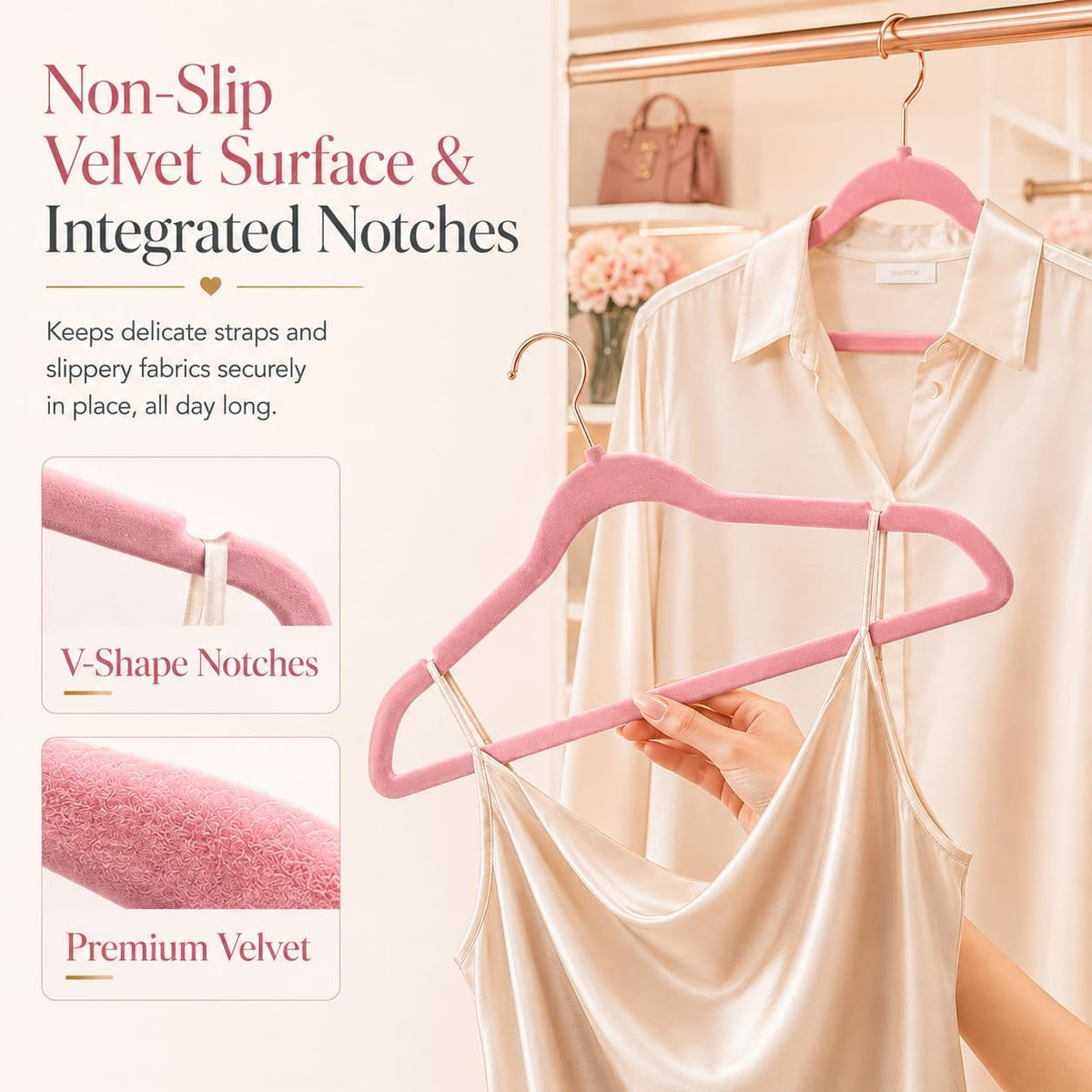 Pink Velvet Hangers 50 Pack, Non Slip Rose Gold Hook Felt Hangers