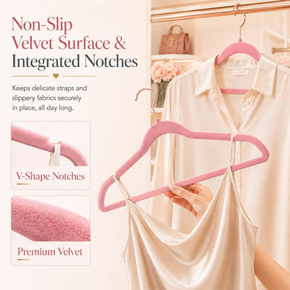 Pink Velvet Hangers 50 Pack, Non Slip Rose Gold Hook Felt Hangers