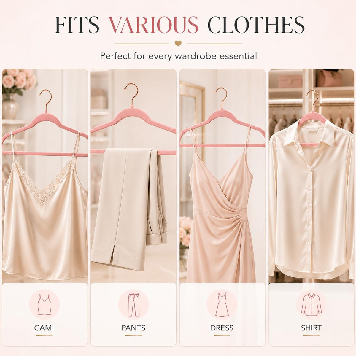 Pink Velvet Hangers 50 Pack, Non Slip Rose Gold Hook Felt Hangers