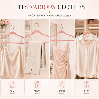 Pink Velvet Hangers 50 Pack, Non Slip Rose Gold Hook Felt Hangers