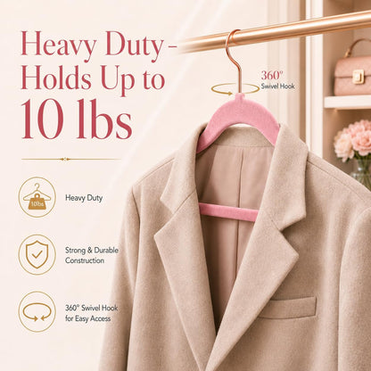 Pink Velvet Hangers 50 Pack, Non Slip Rose Gold Hook Felt Hangers