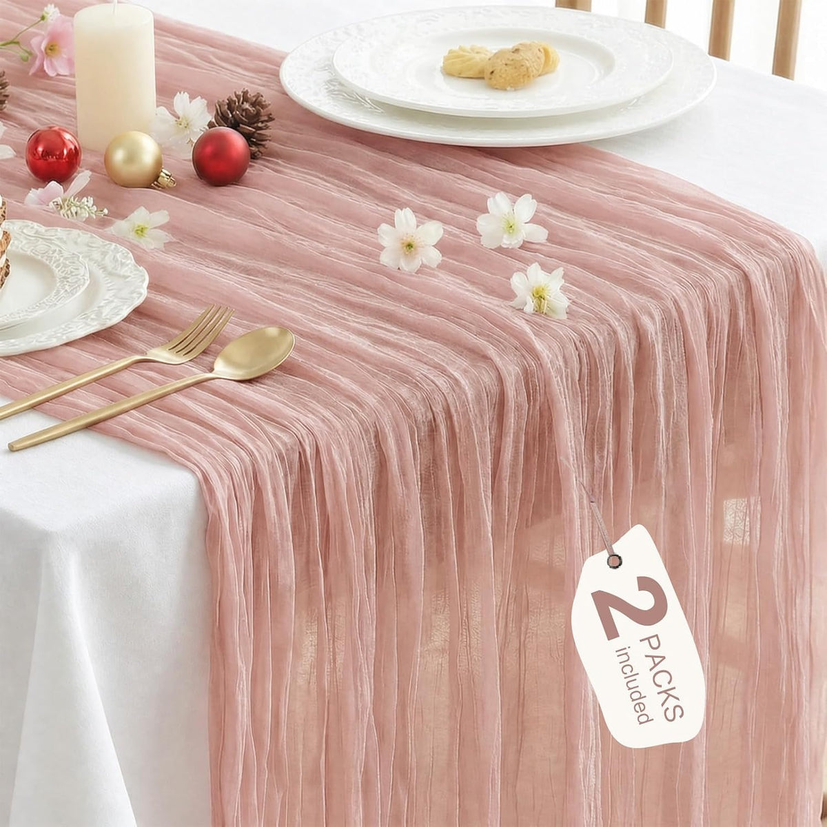 2 Pack Cheesecloth Pink Table Runner for Birthday Fall Party Home Decor