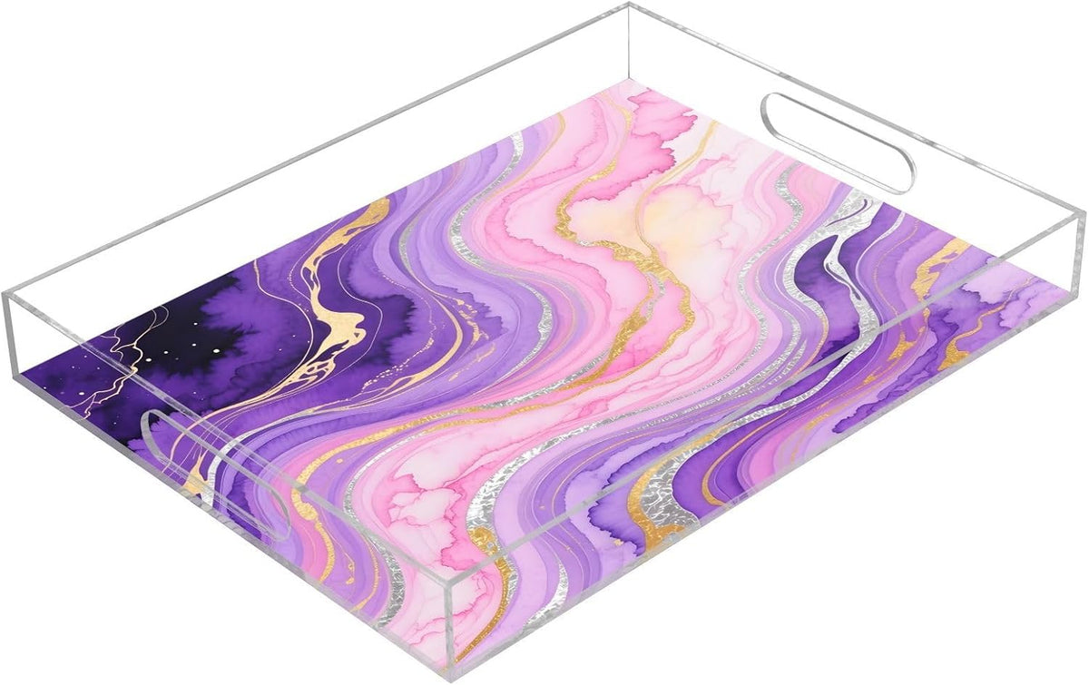 Marble Texture Purple Pink Serving Tray with Handles, 12x16 Inch Decorative Acrylic Tray Organizer, Multi-Purpose Sturdy Serving Platter for Coffee Table, Kitchen, Vanity, Nightstand